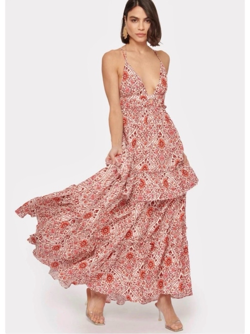 Cami Doris Damask Sleeveless Tiered Maxi Dress Red Beige